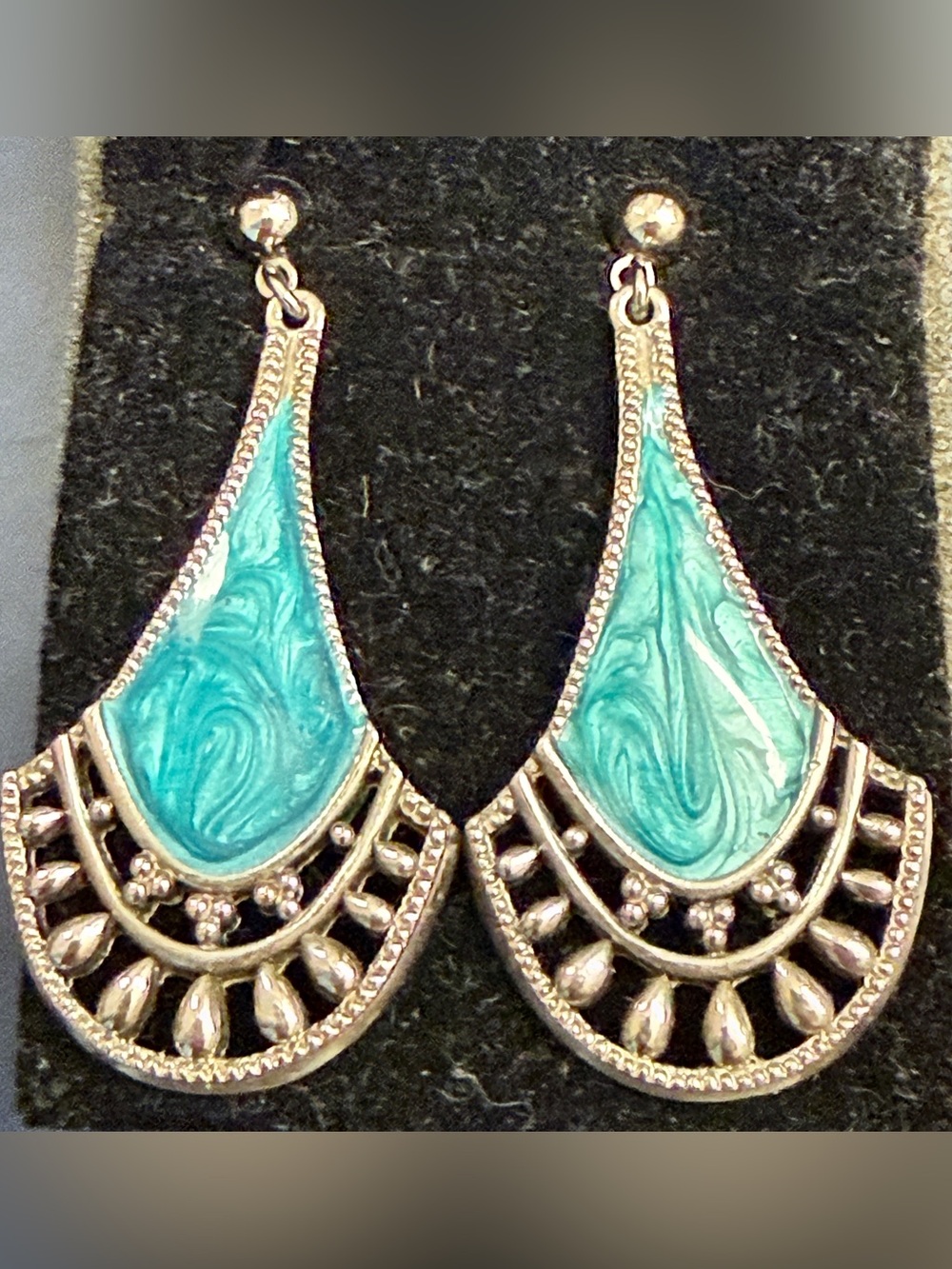 Vintage Avon Teal Silver tone fan shaped Dangle Earrings